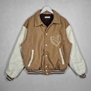 Standard Cloth Varsity Jacket Tan Cream Embroidered Crest Bomber Mens Medium